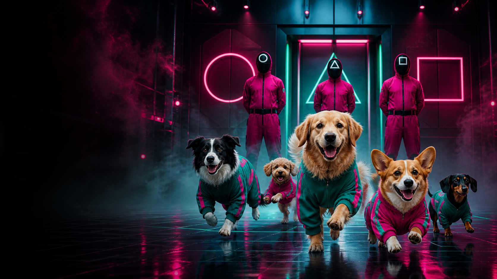 Cani in tuta sportiva in arena neon con guardie mascherate sullo sfondo
