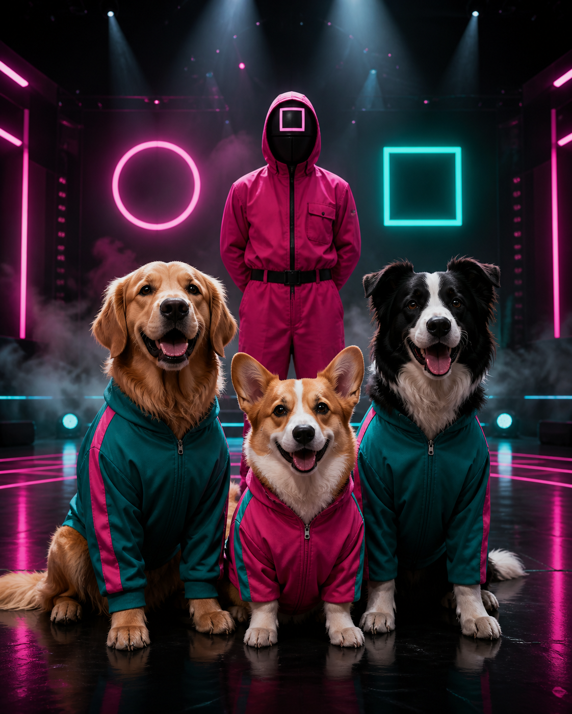 Tre cani in tuta con guardia mascherata in arena neon
